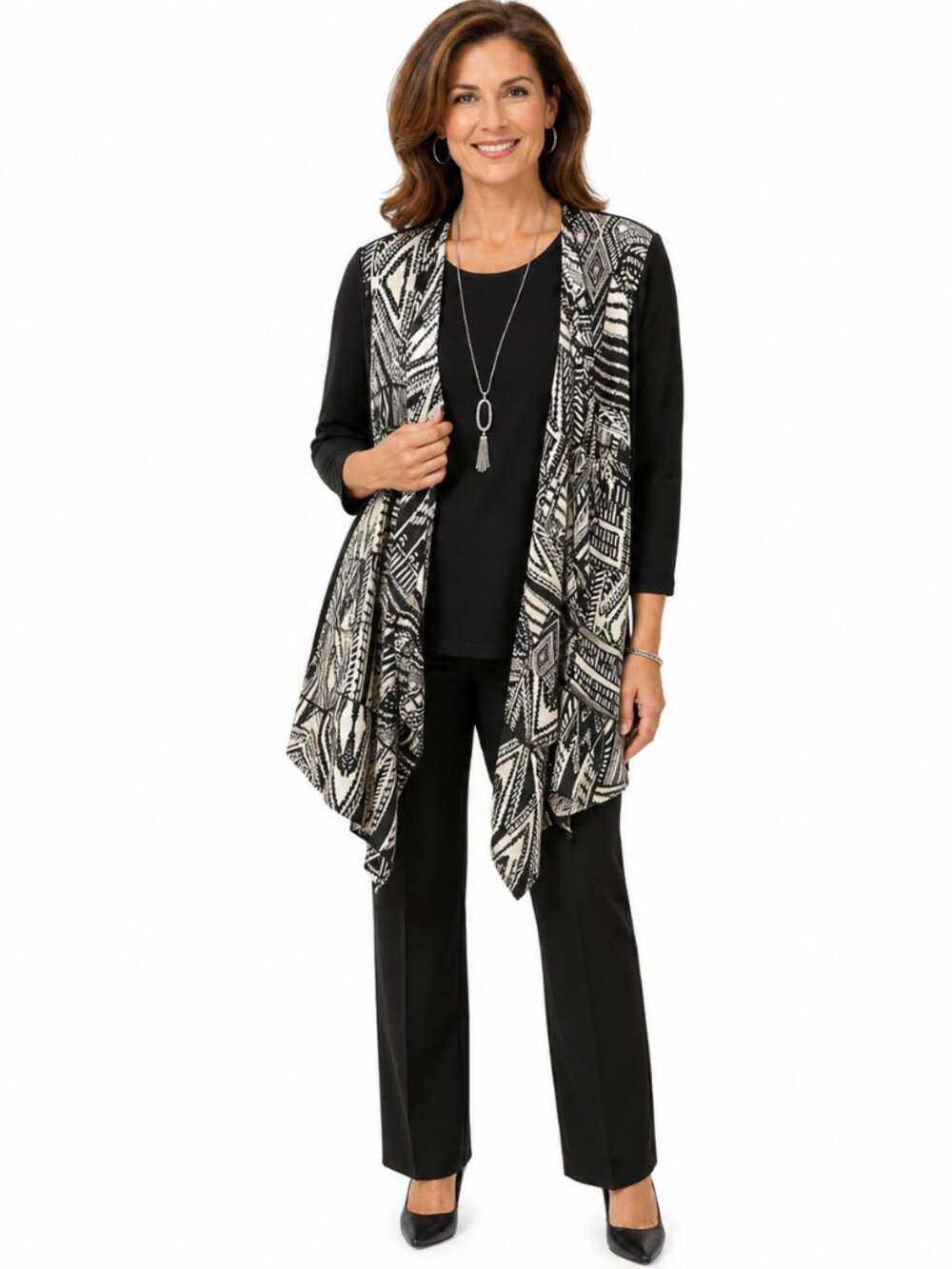 2/$30 Chico’s Travelers Black & White Sheer Front Waterfall Open Jacket Sz 2 (L)